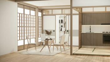 moderno Japón estilo minúsculo habitación cocina y comida mesa blanco pared madera piso. foto