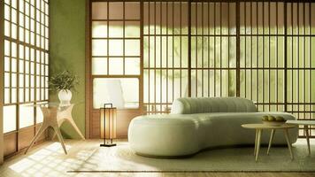 verde moderno habitación interior wabisabi estilo y sofá y decoración japonés. foto