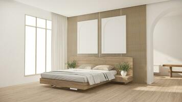 Bedroom japanese minimal style.,Modern white wall and wooden floor, room minimalist. 3D rendering photo