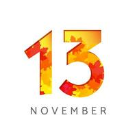 November 13 calendar number logo. Autumn sign concept. Banner template. 1 and 3 symbol. Creative icon with fall leaves. Seasonal emblem with red, yellow and orange colors, up to 13 percent off vector