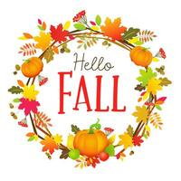 Hello Fall Internet post. Door wreath creative decor.   Greeting card design. vector