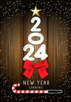 2024 New Year loading greeting card with paper numbers, red bow and golden star. vector