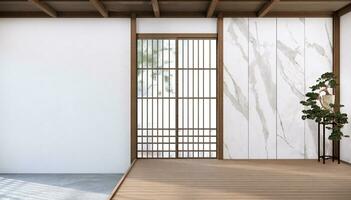 Japan style empty room decorated with white wall and wood slat wall photo