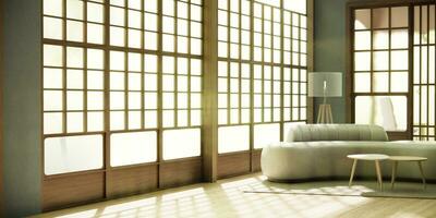 Minimalist japandi style living room decorated with sofa. photo