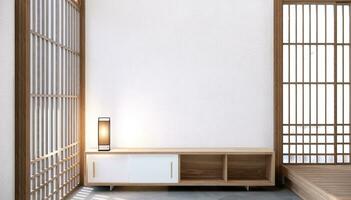 japandi estilo vivo vacío habitación con decorado minimalista y televisión gabinete. foto