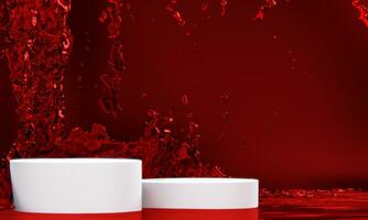 the product display stand and red water splashing on background. photo