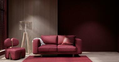 Viva magenta Living room with red wall and armchair japandi style. photo