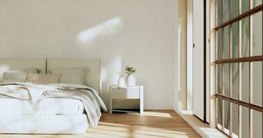 Minimalist wabisabi bedroom plant and decoartion in japanese bedroom. 3D rendering. photo