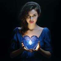 A breast cancer awareness Woman holding heart-shaped -  AI Generative photo