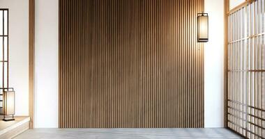 Japan style empty room decorated with white wall and wood slat wall photo