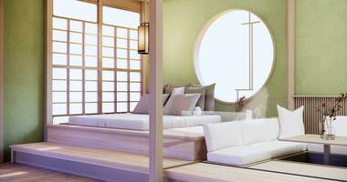 Japón estilo vacío habitación decorado con de madera cama, blanco pared y de madera pared. foto