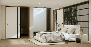 Minimalist wabisabi bedroom plant and decoartion in japanese bedroom. 3D rendering. photo