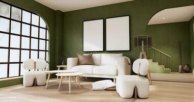 Minimalist Green Living Room muji style Interior Design have sofa wabisabi and decoration japandi. 3D rendering photo