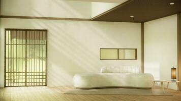 minimalista japandi estilo vivo habitación decorado con sofá.3d representación foto