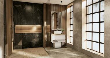 The Bath and toilet on bathroom japanese wabi sabi style .3D rendering photo