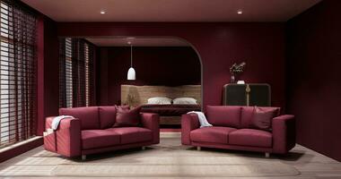 Viva magenta Living room with red wall and armchair japandi style. photo