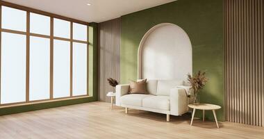 Minimalist Green Living Room muji style Interior Design have sofa wabisabi and decoration japandi. photo