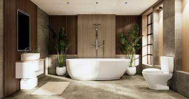 The Bath and toilet on bathroom japanese wabi sabi style .3D rendering photo