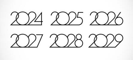 Set of creative numbers from 2024 to 2029. Happy new year icons 2025, 2026, 2027 and 2028. Calendar or planner title. Business style. Black and white concept. Isolated graphic design. Typographic idea vector