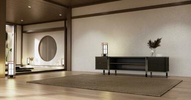 Cabinet wooden japandi design on living room muji style empty wall background. photo