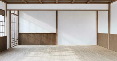 Japón estilo vacío habitación decorado con blanco pared y madera lama pared foto