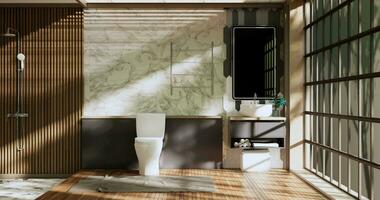 The Bath and toilet on bathroom japanese wabi sabi style .3D rendering photo