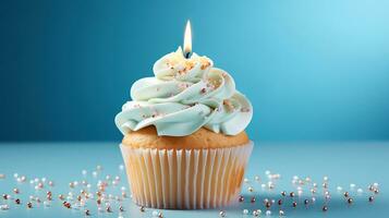 A cupcake with a lit candle on it. Generative Ai photo