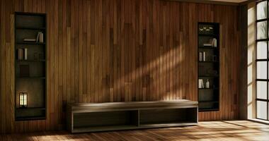 gabinete de madera vacío en la sala de madera de estilo tropical. Representación 3D foto