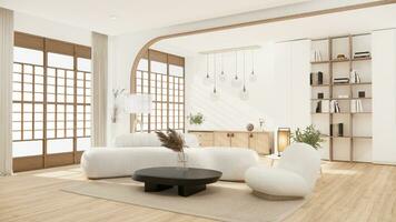 muji minimalista, sofá mueble y moderno habitación diseño mínimo.3d representación foto