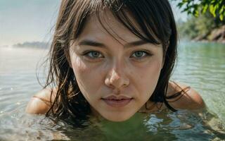 close up photo of woman submerged in water lake, generative AI