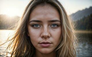 cerca arriba foto de mujer sumergido en agua lago, generativo ai