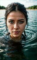 close up photo of woman submerged in water lake, generative AI