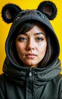 photo of woman wearing kawaii animal Kigurum jacket hoodie , generative AI
