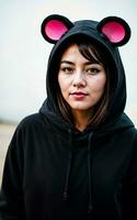 photo of woman wearing kawaii animal Kigurum jacket hoodie , generative AI