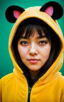 photo of woman wearing kawaii animal Kigurum jacket hoodie , generative AI