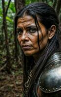 photo of savage tribal woman wearing armor in the jungle, generative AI