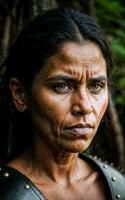 foto de salvaje tribal mujer vistiendo armadura en el selva, generativo ai