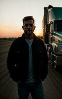 photo of truck driver with truck in background sunset scene generative AI