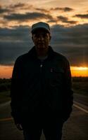 photo of truck driver with truck in background sunset scene generative AI