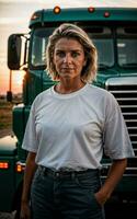 photo of truck driver with truck in background sunset scene generative AI