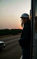 photo of truck driver with truck in background sunset scene generative AI