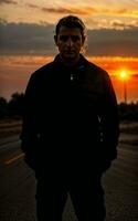 photo of truck driver with truck in background sunset scene generative AI