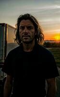 photo of truck driver with truck in background sunset scene generative AI