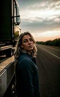 photo of truck driver with truck in background sunset scene generative AI