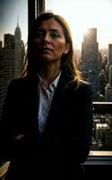 photo of serious office working woman with high rise building in background, generative AI
