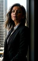 photo of serious office working woman with high rise building in background, generative AI