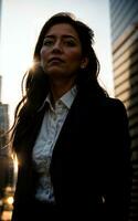 photo of serious office working woman with high rise building in background, generative AI