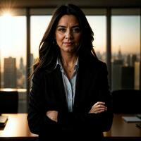 photo of serious office working woman with high rise building in background, generative AI