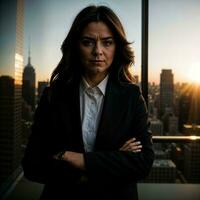 photo of serious office working woman with high rise building in background, generative AI