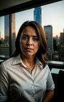 photo of serious office working woman with high rise building in background, generative AI